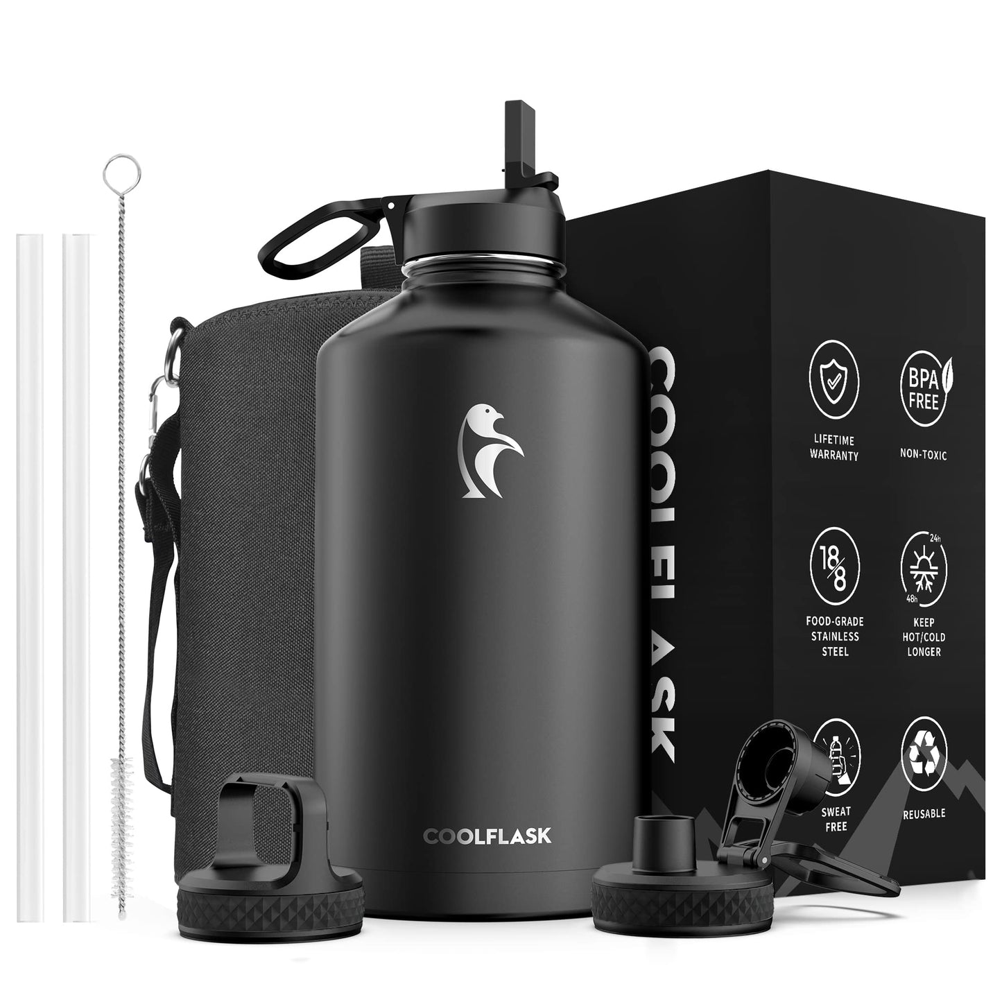 Half Gallon Water Bottle Insulated with Straw & 3 Lids, Coolflask 64 oz Water Jug Large Metal Stainless Steel Wide Mouth for Sports, Gym or Office, Non-BPA Keep Cold 48H Hot 24H, Samurai Cyan