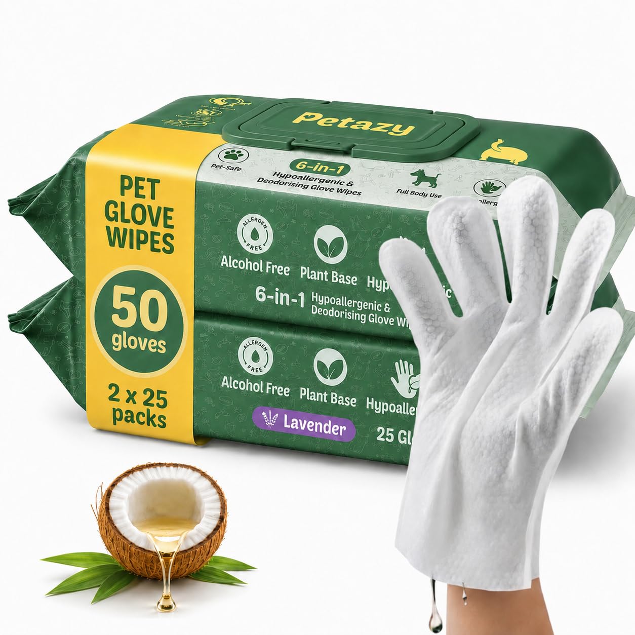 Petazy Pet Glove Wipes for Dogs & Cats – Hypoallergenic Thick Cleaning Gloves with Aloe & Coconut Oil for Paws, Face, Ears & Butt, Instant No Rinse Grooming Wipes to Deodorize and Hydrate, 25 Pack