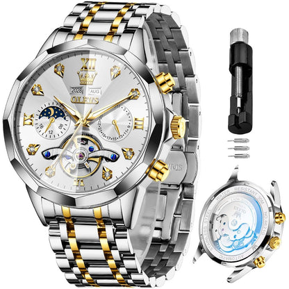 OLEVS Skeleton Men Watches Automatic Business Luxury Diamond Self Winding Watch for Men Stainless Steel Calendar Wrist Watch