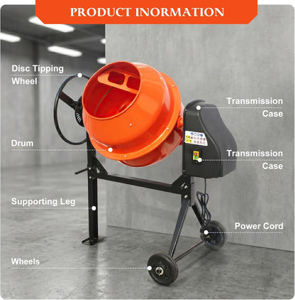 5 Cubic Ft Concrete Cement Mixer with Wheel and Stand,Electric ConcreteMixer 0.75 HP 550W Adjustable Tilt, Portable Heavy Concrete Mud Mixer Toolsfor Mortar Stucco Seeds and Fodder