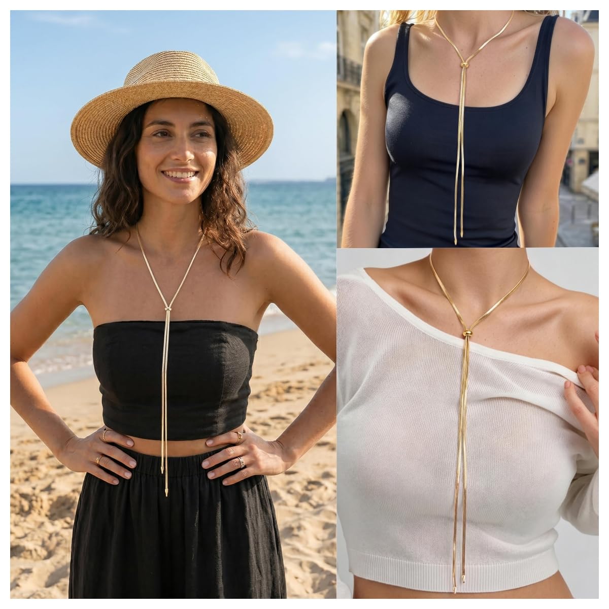 Chunky Long Y Necklace for Women, Waterproof Herringbone Drop Dangle Necklace, Adjustable Lightweight Trendy Fashion Slip Tie Necklace, Thin Layered Choker Chest Chain