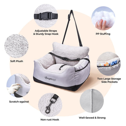 BurgeonNest Dog Car Seat for Small Dogs, Soft Pet Car Travel Home Bed Under 25 lbs, Fully Detachable and Washable Cat Booster Carseats with Storage Pockets and Clip-On Leash Portable Carrier,Black