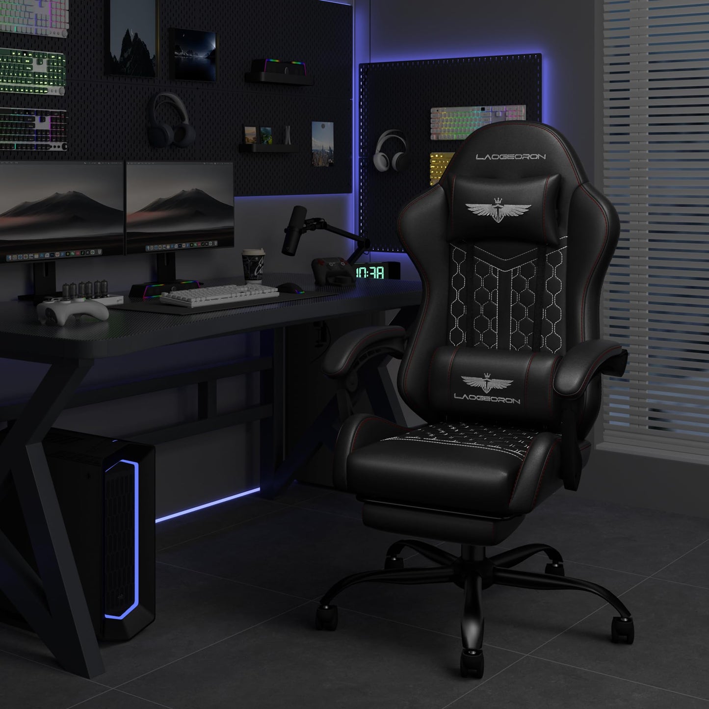 Ergonomic Gaming Chair, RGB LED Lights Computer Chairs with Retractable Footrest, 400 lbs Lumbar Support Linked Armrests Gamer Chair High Back Heavy Duty Video Game Chairs (Black Red)
