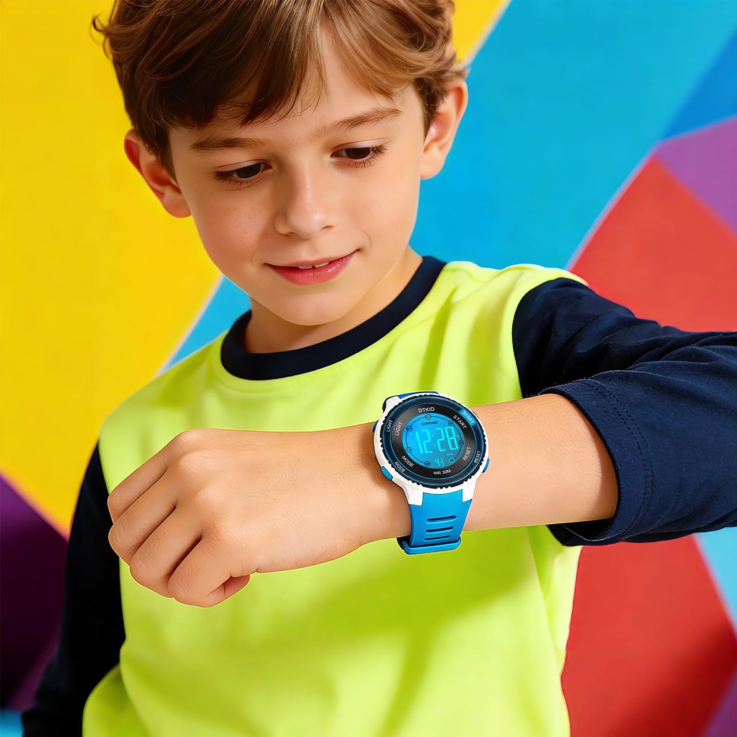 DTKID Digital Kids Watch 30 M Waterproof, 7 Color Lights Time Teaching Watch Easy to Read for Girls Boys 5-16