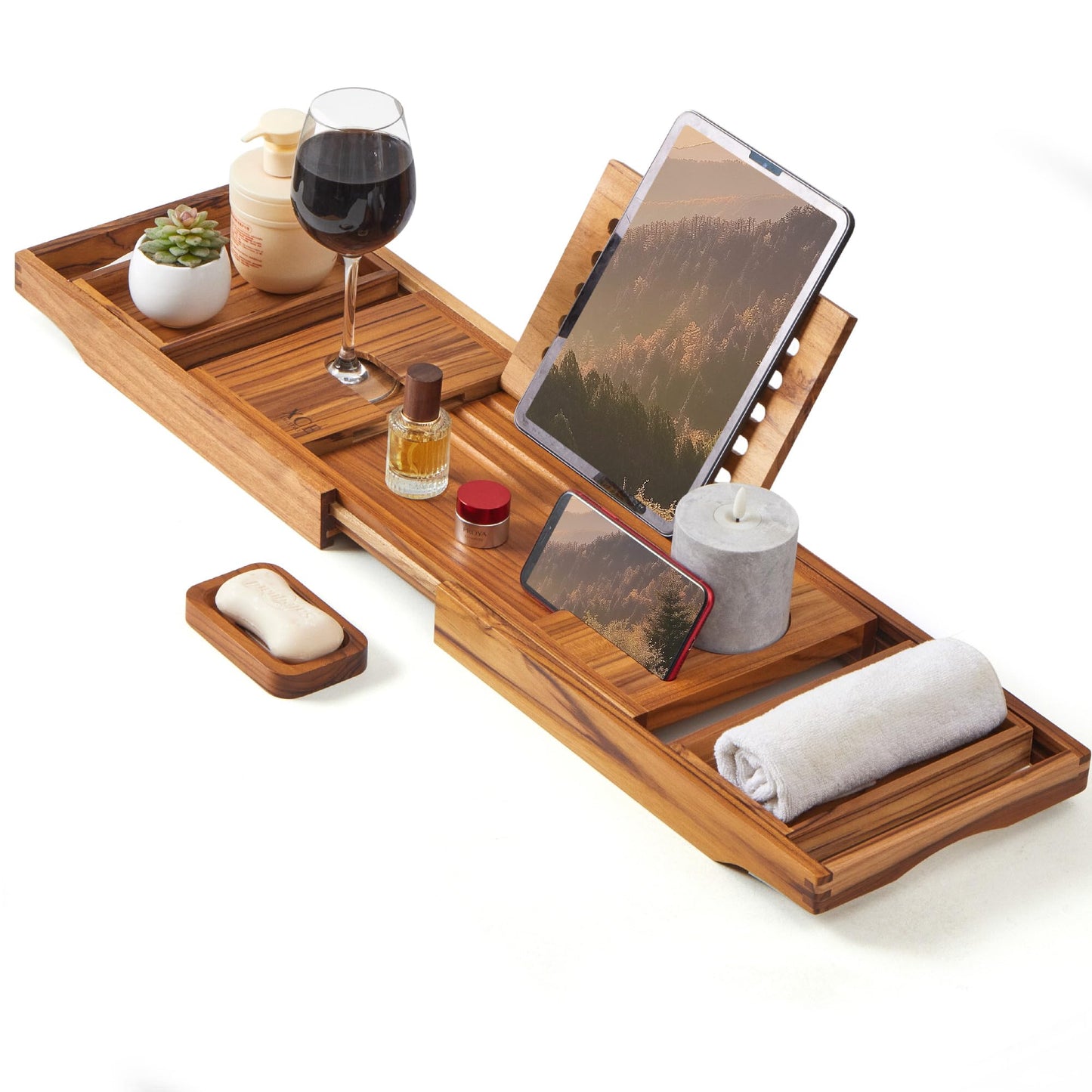 XcE Bamboo Bathtub Caddy Tray - Expandable to 41 Inches with Book Stand, Soap Holder & Anti-Slip Pads for Luxury Bath Spa, Brown
