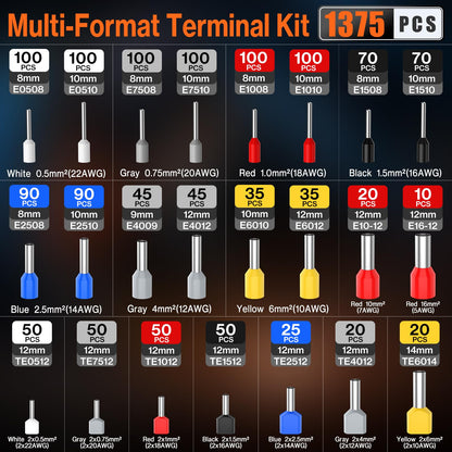 Preciva Ferrule Crimping Tool Kit - AWG 28-5 Hexagonal Ferrule Crimper with Automatic Wire Stripper and 1375Pcs Single/Twin Ferrule Connectors, Self-Adjustable Ratchet Ferrule Terminals Crimping Tool