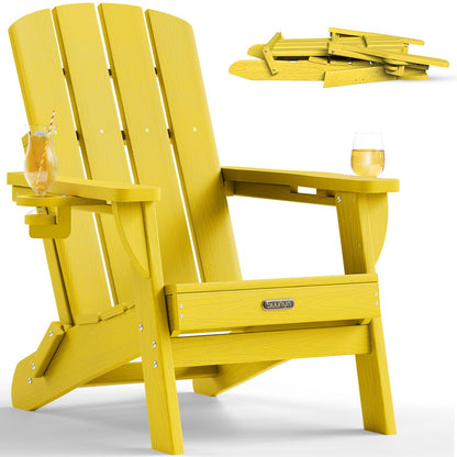 Folding Adirondack Chair, HDPE Adirondack Chairs with 2 Cup Holder, Plastic All-Weather Fire Pit Chairs, Outdoor Lawn Chair for Patio Garden (Grey)