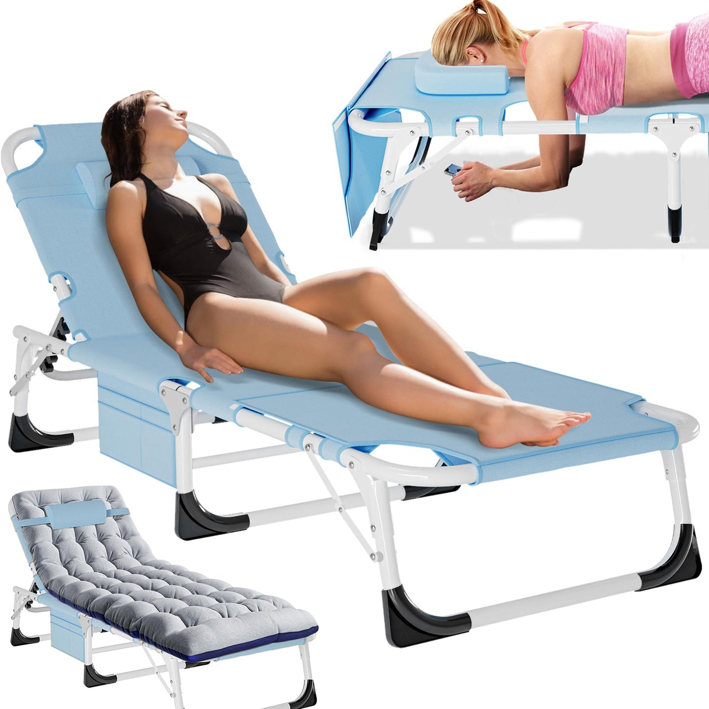 MOPHOTO Folding Lounge Chair 5-Position, Folding Cot, Portable Outdoor Chaise Lounge Chair for Sun Tanning, Perfect for Pool Beach Patio Sunbathing