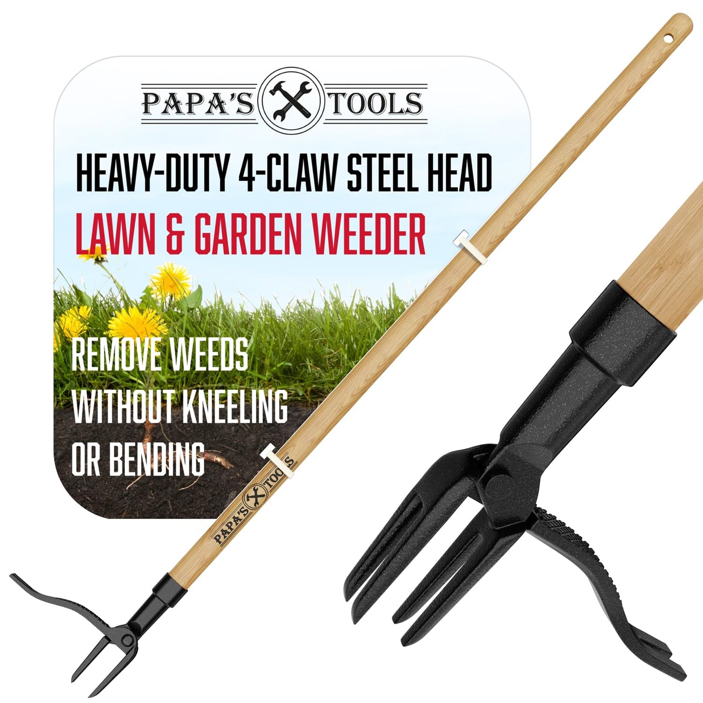 Papa's Tools Weed Puller Tool, 44" Stand Up Weeder Garden Tools & 4 Claw Steel Head, Dual Weed Eject Tech. Made with Real Bamboo & Long Wooden Handle, Yard Weeding Remover for Gardening Men & Women