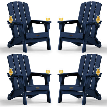 Folding Adirondack Chair, HDPE Adirondack Chairs with 2 Cup Holder, Plastic All-Weather Fire Pit Chairs, Outdoor Lawn Chair for Patio Garden (Grey)