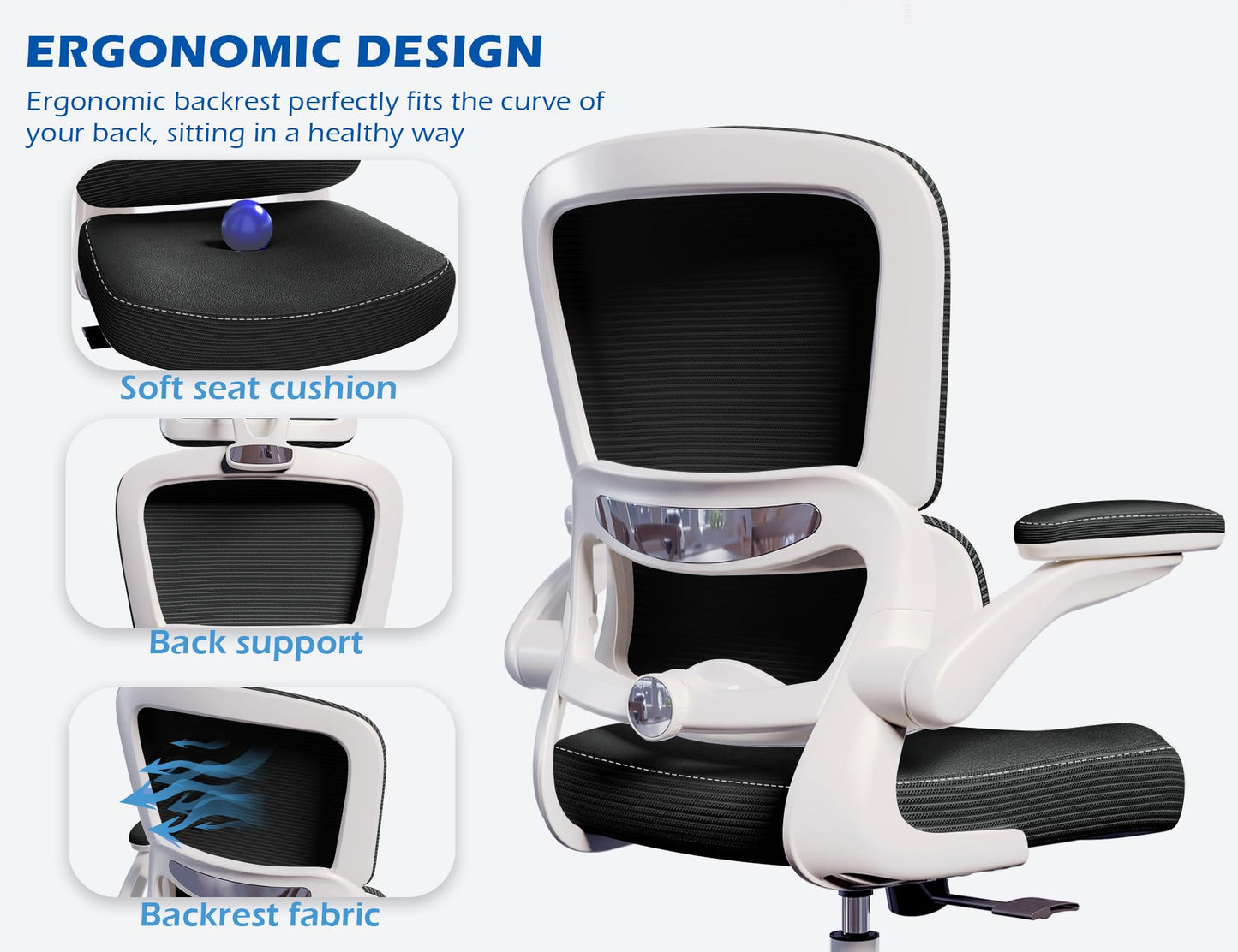 TRALT Ergonomic Office Chair - Desk Chair with Adjustable Lumbar Support Computer Chair - Mesh Comfy Chair with Flip-up Armrests - Gaming Chairs for Adults Home Office (Leather, White)