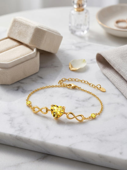 14K Gold Infinity Birthstone Bracelets for Women, Infinity Love Heart Birthstone Link Bracelets for Women, 14K Gold Plated Jewelry Birthday Gifts for Wife Girlfriend Mom, 7+2 Inch