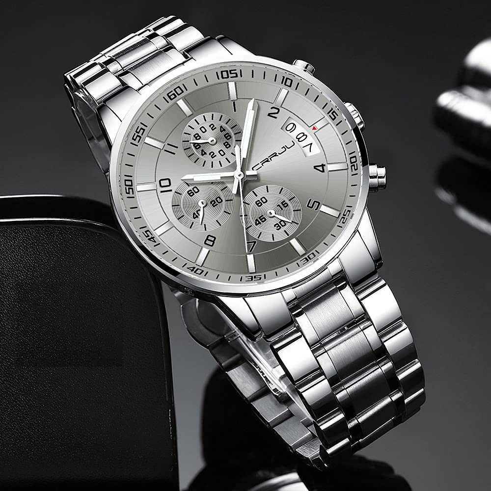 CRRJU Men's Fashion Stainless Steel Watches Date Waterproof Chronograph Wristwatches,Black Steel Band Waterproof Quartz Watch for Men