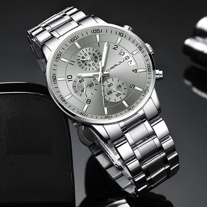 CRRJU Men's Fashion Stainless Steel Watches Date Waterproof Chronograph Wristwatches,Black Steel Band Waterproof Quartz Watch for Men