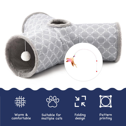 Tempcore Pet Cat Tunnel Tube Toys 3 Way Collapsible, Tunnels for Indoor Cats, Interactive Tube with Teaser Wand, Peek Holes & Hanging Ball, Black & Blue