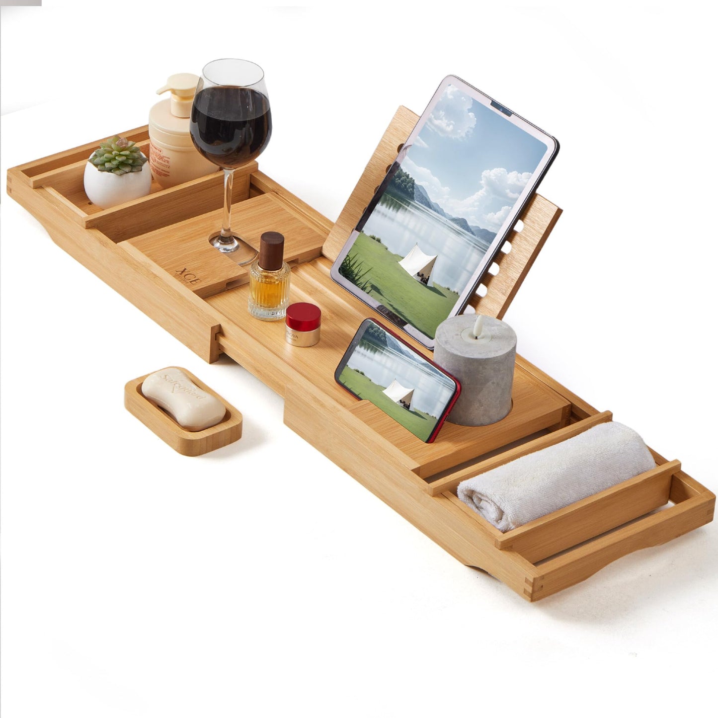 XcE Bamboo Bathtub Caddy Tray - Expandable to 41 Inches with Book Stand, Soap Holder & Anti-Slip Pads for Luxury Bath Spa, Brown