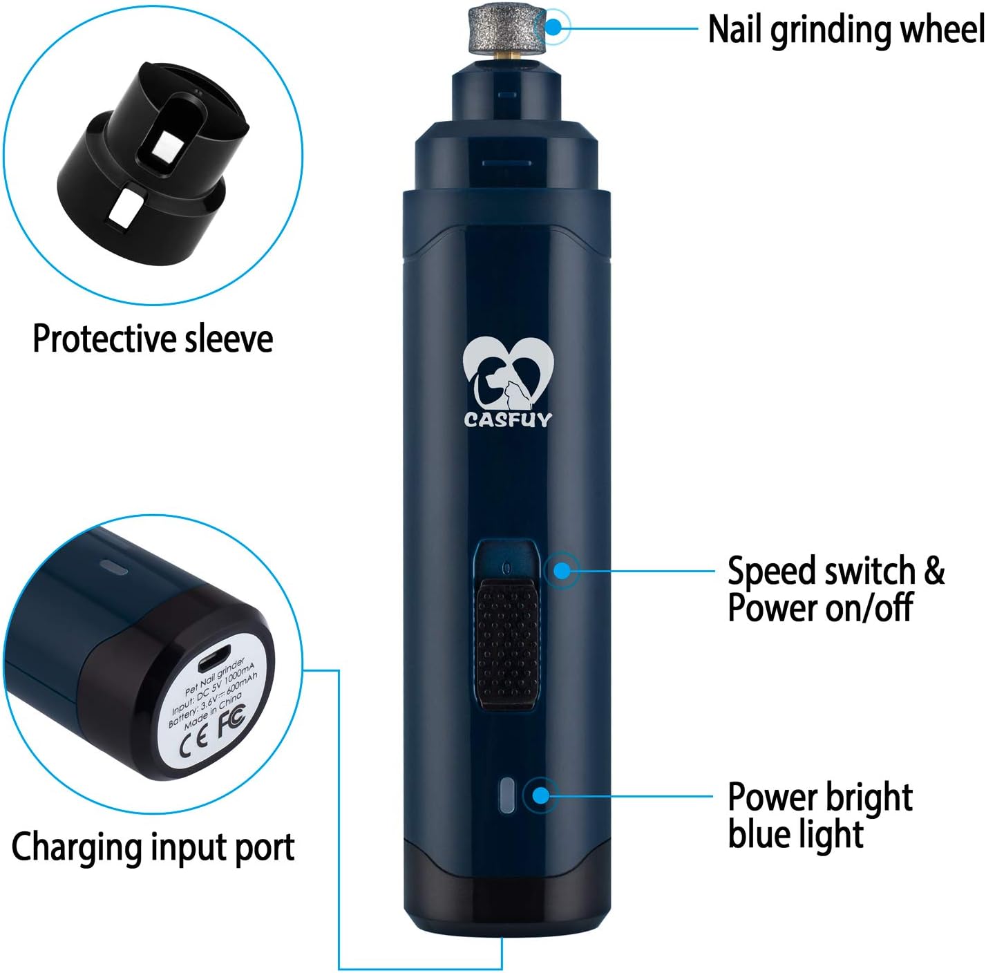 Casfuy Dog Nail Grinder Upgraded - Professional 2-Speed Whisper-Quiet Electric Pet Nail Trimmer Painless Paws Grooming & Smoothing for Small Medium Large Dogs & Cats (Dark Blue)