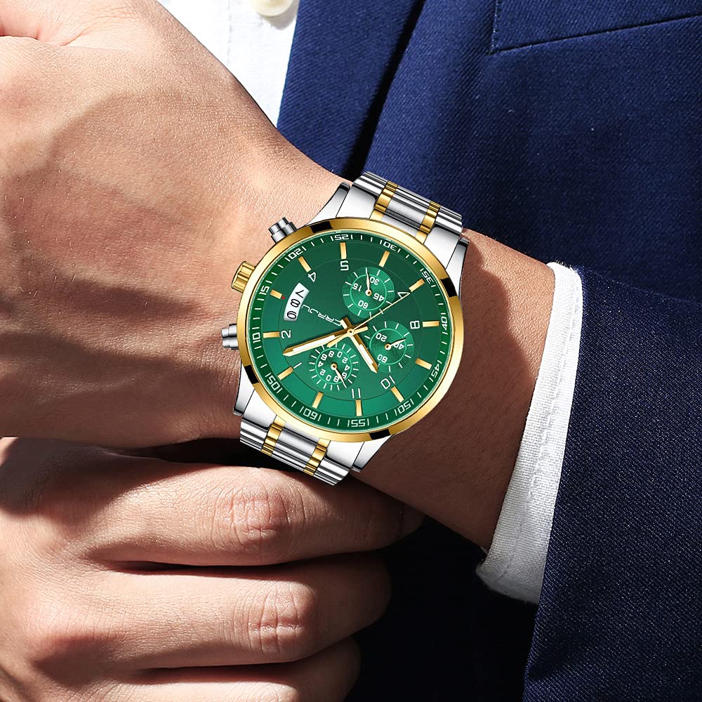 CRRJU Men's Fashion Stainless Steel Watches Date Waterproof Chronograph Wristwatches,Black Steel Band Waterproof Quartz Watch for Men