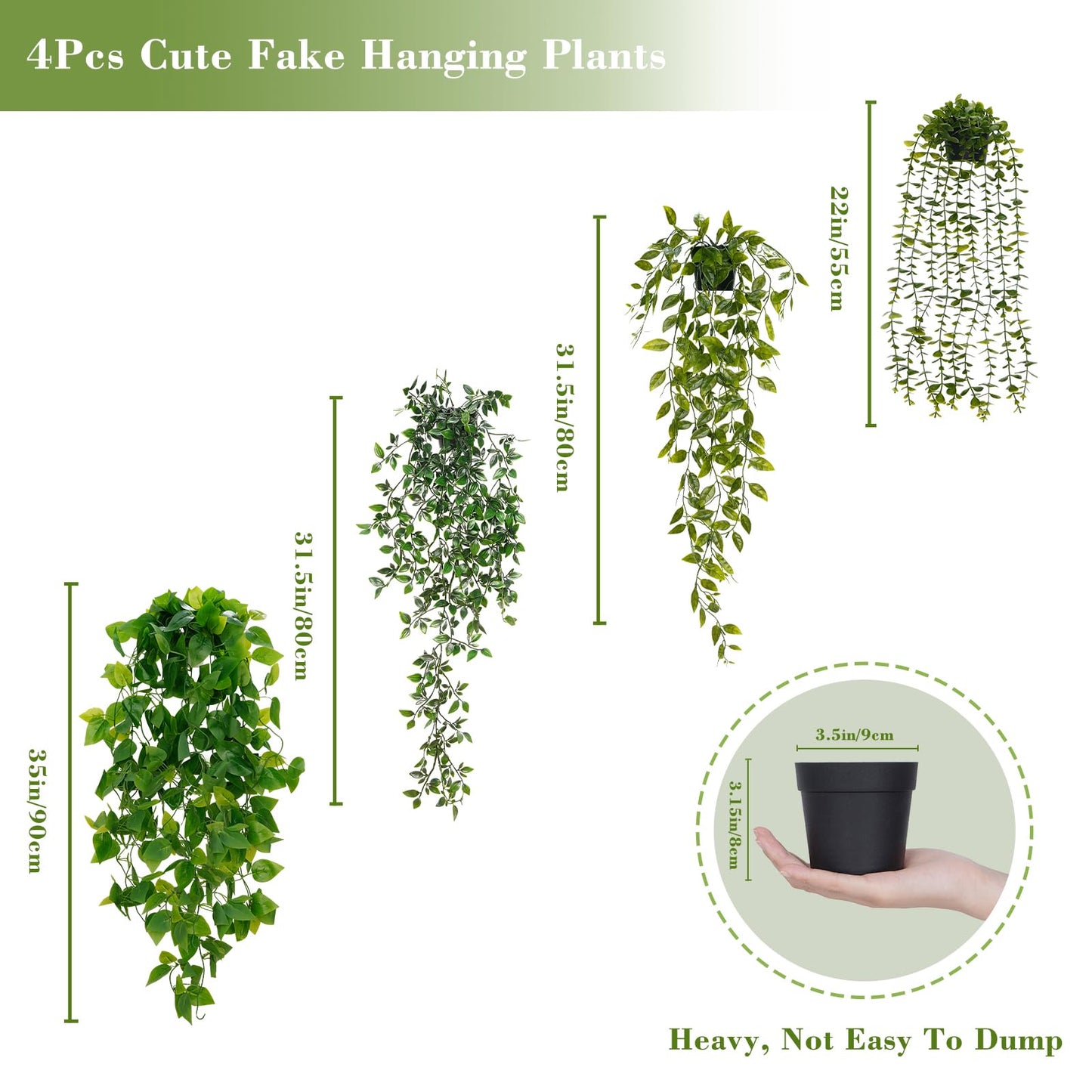 BLEUM CADE Fake Hanging Plants, 2pcs Artificial Pothos Vines Faux Plants Greenery for Wall Home Living Room Office Indoor Outdoor Decor (No Baskets)