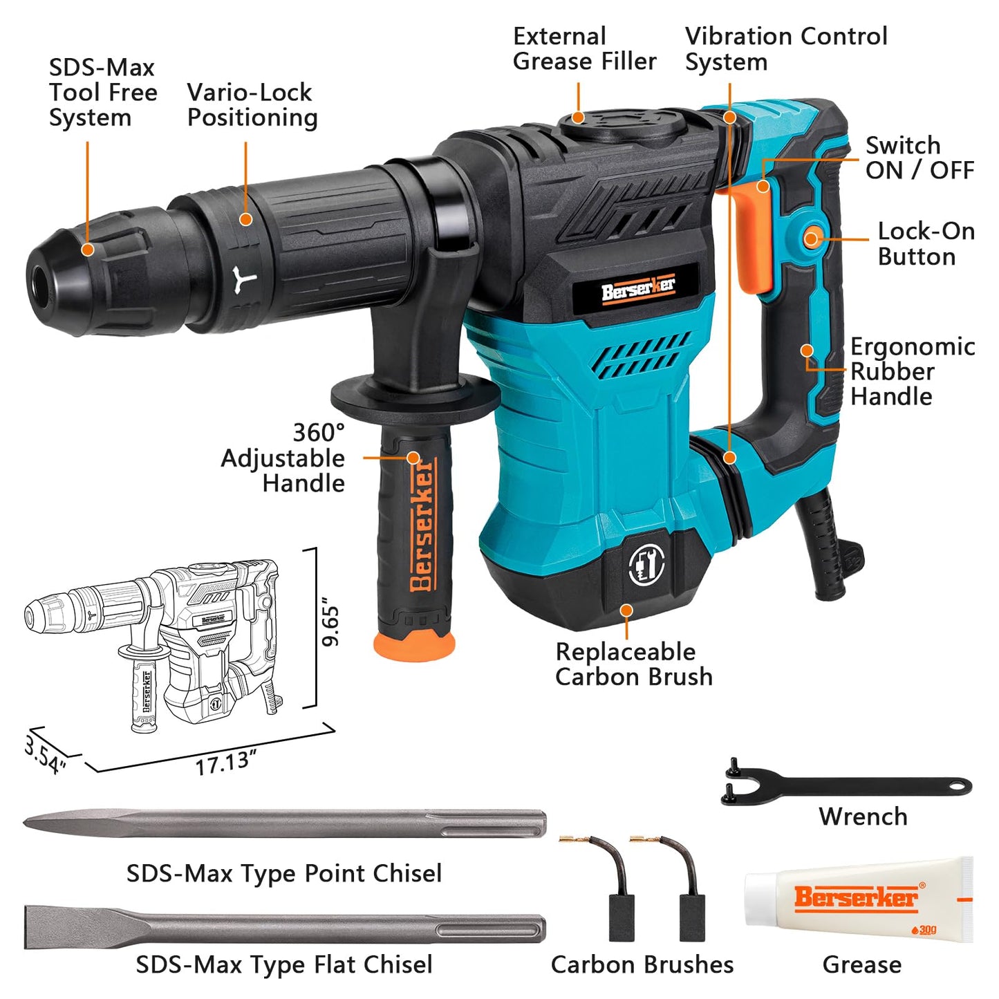 Berserker 1300W 12-Pound SDS-Max Demolition Jack Hammer 45HM,11-Amp Corded | Small Lightweight Electric Concrete Breaker for Tile Removal with Vibration Control,Trigger Lock,Carrying Case & 2 Chisels