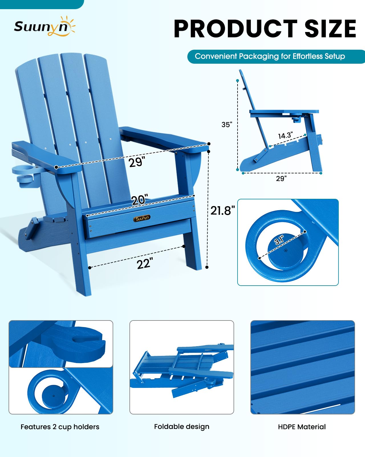 Folding Adirondack Chair, HDPE Adirondack Chairs with 2 Cup Holder, Plastic All-Weather Fire Pit Chairs, Outdoor Lawn Chair for Patio Garden (Grey)