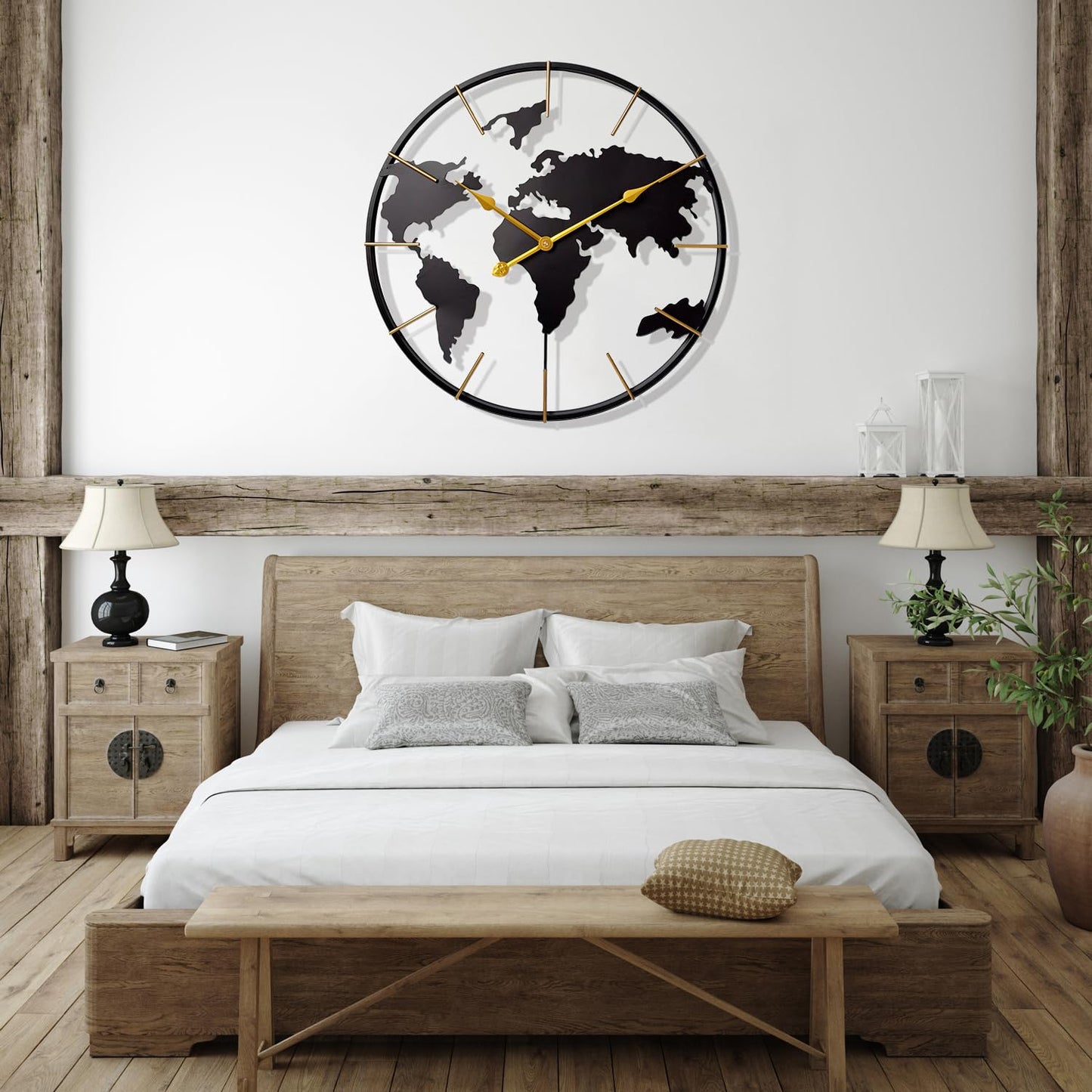Large World Map Wall Clock, Metal Minimalist Modern Clock,Round Silent Non-Ticking Battery Operated Wall Clocks for Living Room/Home/Kitchen/Bedroom/Office/Farmhouse Decor (24 Inch)