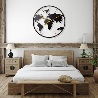 Large World Map Wall Clock, Metal Minimalist Modern Clock,Round Silent Non-Ticking Battery Operated Wall Clocks for Living Room/Home/Kitchen/Bedroom/Office/Farmhouse Decor (24 Inch)