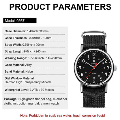 LN LENQIN Mens Watches Unisex Military Sport Nylon Strap Stylish Luminous Fashion Analog Quartz Watch for Men Waterproof Army Tactical Casual Wristwatch