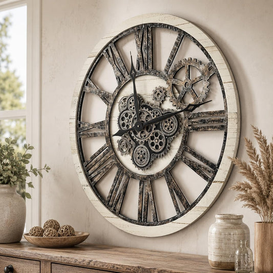HOIBAI Large Wall Clock 18 Inch Midnight Grey | Living Room Decor/Vintage Farmhouse/Roman Numerals/Silent/Oversized/Real Moving Gears/Home House Warming Gift