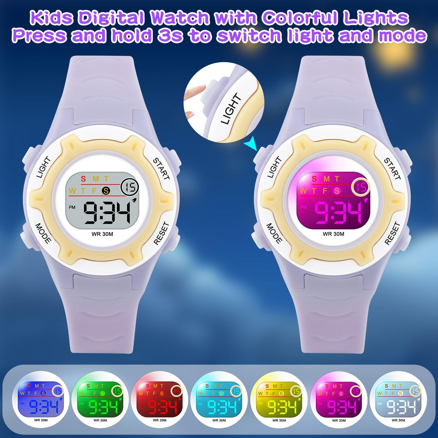 DTKID Digital Kids Watch 30 M Waterproof, 7 Color Lights Time Teaching Watch Easy to Read for Girls Boys 5-16