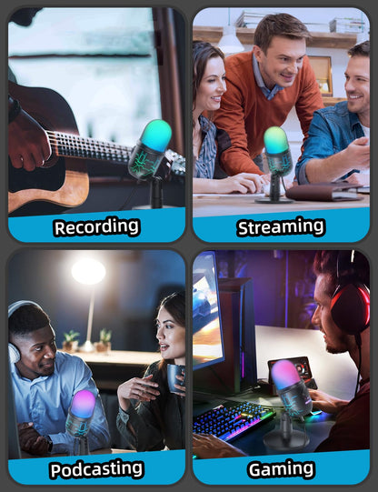 MRSDY USB Gaming Microphone for PC with Noise Reduction, Mute, Gain, RGB | Condenser Mic, Headphone Jack, Suitable for PC, Computer, PS4, PS5, Mac, Streaming, Podcasting, Recording, YouTube, Discord