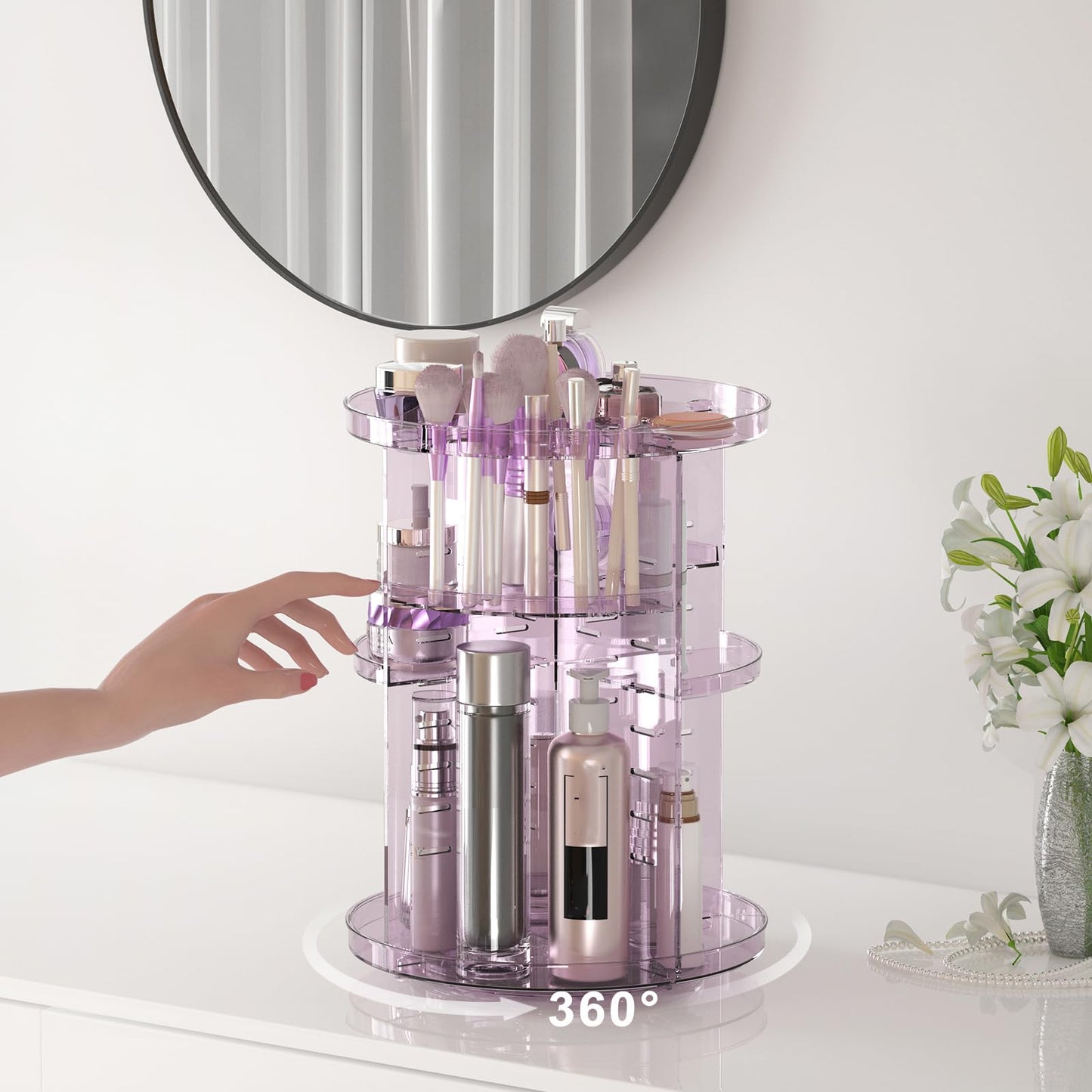 Rotating Makeup Organizer, DIY 8 Adjustable Layers Spinning Skincare Storage, Cosmetic Display Case with Brush Holder and Perfume Tray, Multi-Function Vanity Bathroom Countertop Organizer Black