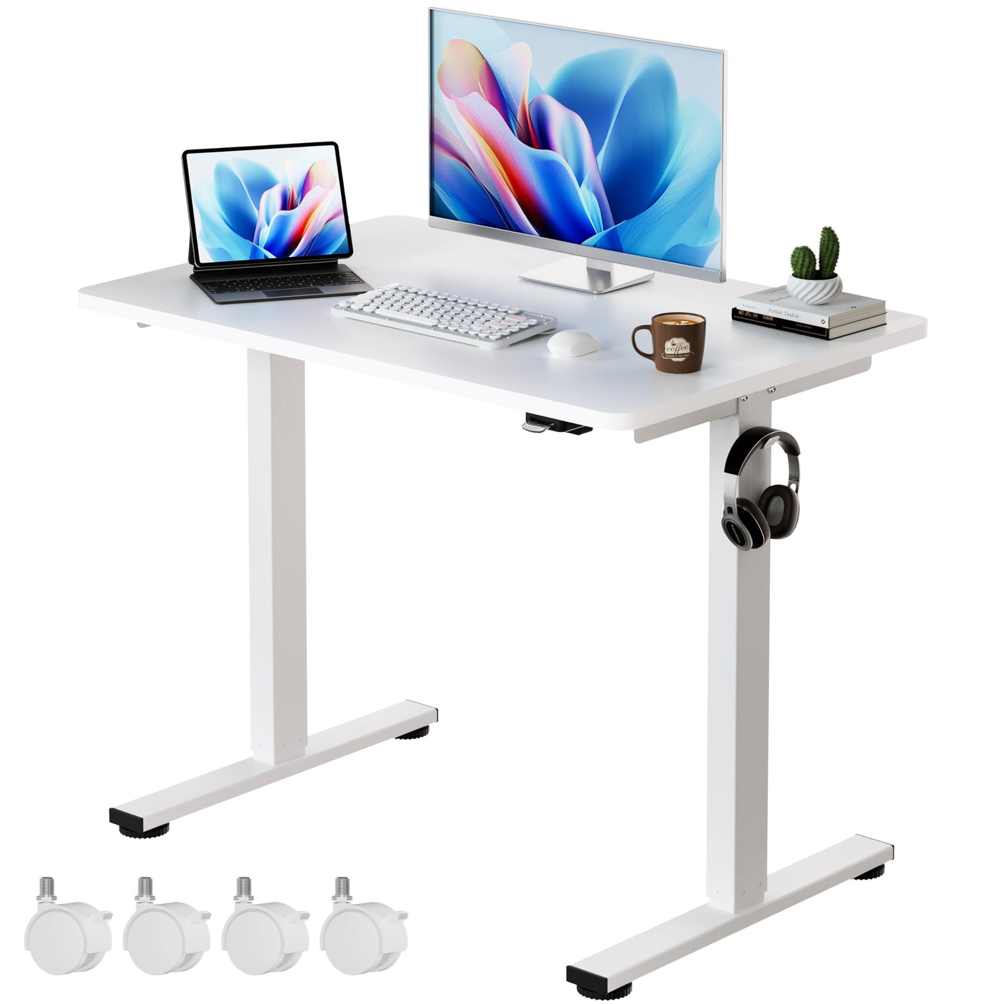 Okin Small Electric Standing Desk, 36" x 24" Whole Piece Height Adjustable Desk, Oak Sit to Stand Computer Workstation with Wheels for Home Office