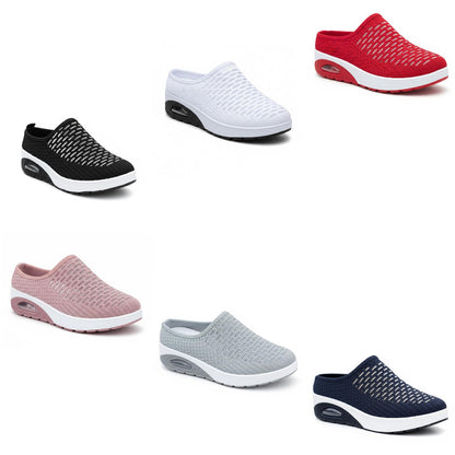 Women's Mesh Stretch Knitted Air Cushion Mule Clogs Fashion Comfortable Closed Round Toe Breathable Slip On Wedge Orthopedic Mules Sneaker for Summer Casual Beach Walking Slippers