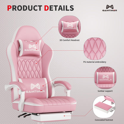 Gamtimer Gaming Chair with Footrest, Ergonomic Computer Chair, PU Breathable Material with Headrest and Lumbar Support, Suitable for Silla Gamer and Adults（Grey）