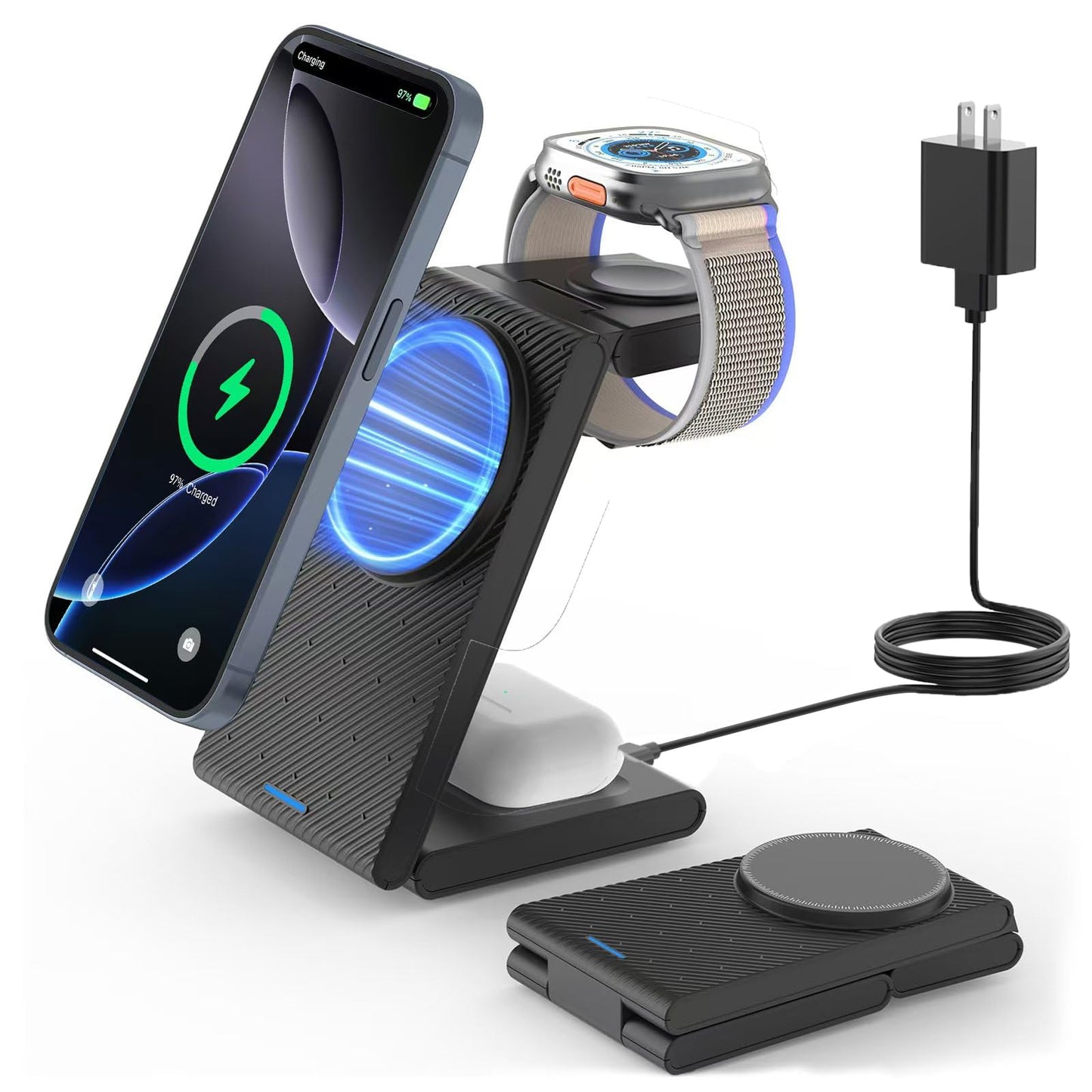 JoyGeek 3 in 1 Charging Station for Apple Devices, Wireless Charger Stand for iPhone 17/16/15/14/13/12/11/SE/X Pro Max Plus - Apple Watch 11/10/9/Ultra 2/8/SE/7/6/5 - AirPods Pro 2/3/2