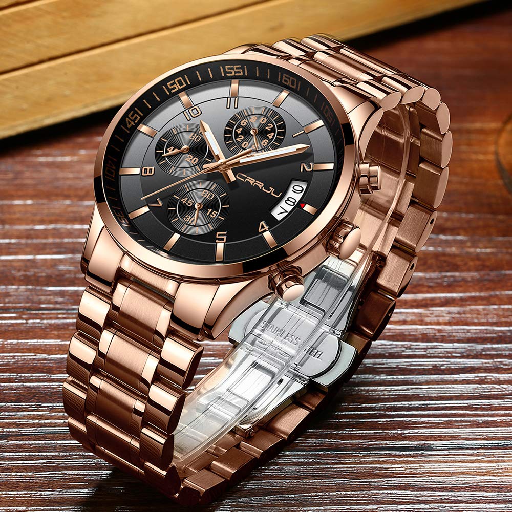 CRRJU Men's Fashion Stainless Steel Watches Date Waterproof Chronograph Wristwatches,Black Steel Band Waterproof Quartz Watch for Men