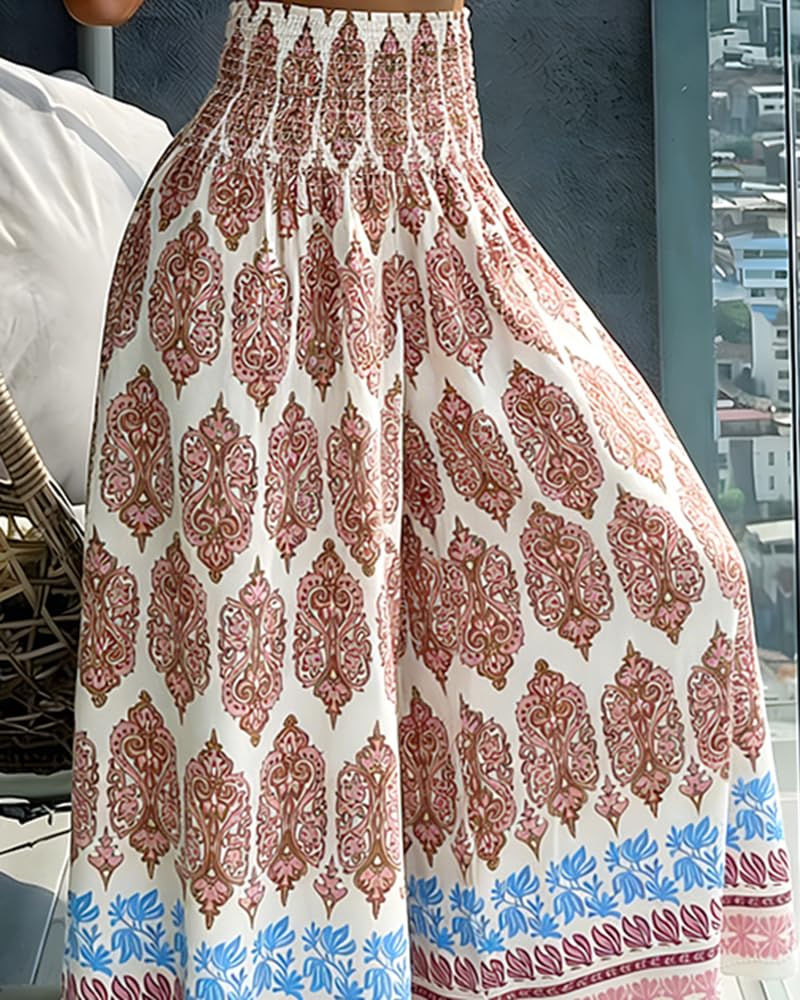CHICME Boho Floral Shirred High Waisted Wide Leg Pants Flowy Palazzo Pants Summer Beach Vacation Wear