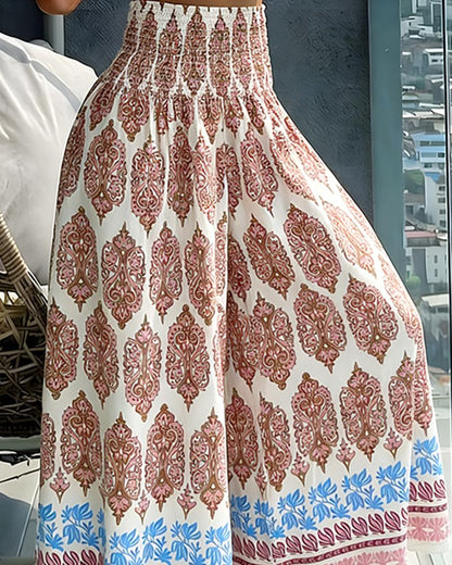 CHICME Boho Floral Shirred High Waisted Wide Leg Pants Flowy Palazzo Pants Summer Beach Vacation Wear