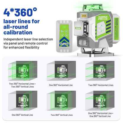 Huepar Pro Laser Level 360 Self Leveling, 4x360° Green Cross Line Laser Tool Set with Receiver for Outdoor&Long Distance Use Up to 660ft, Rechargeable Lazer Leveler Tool for Construction -ZK04CG-LR300