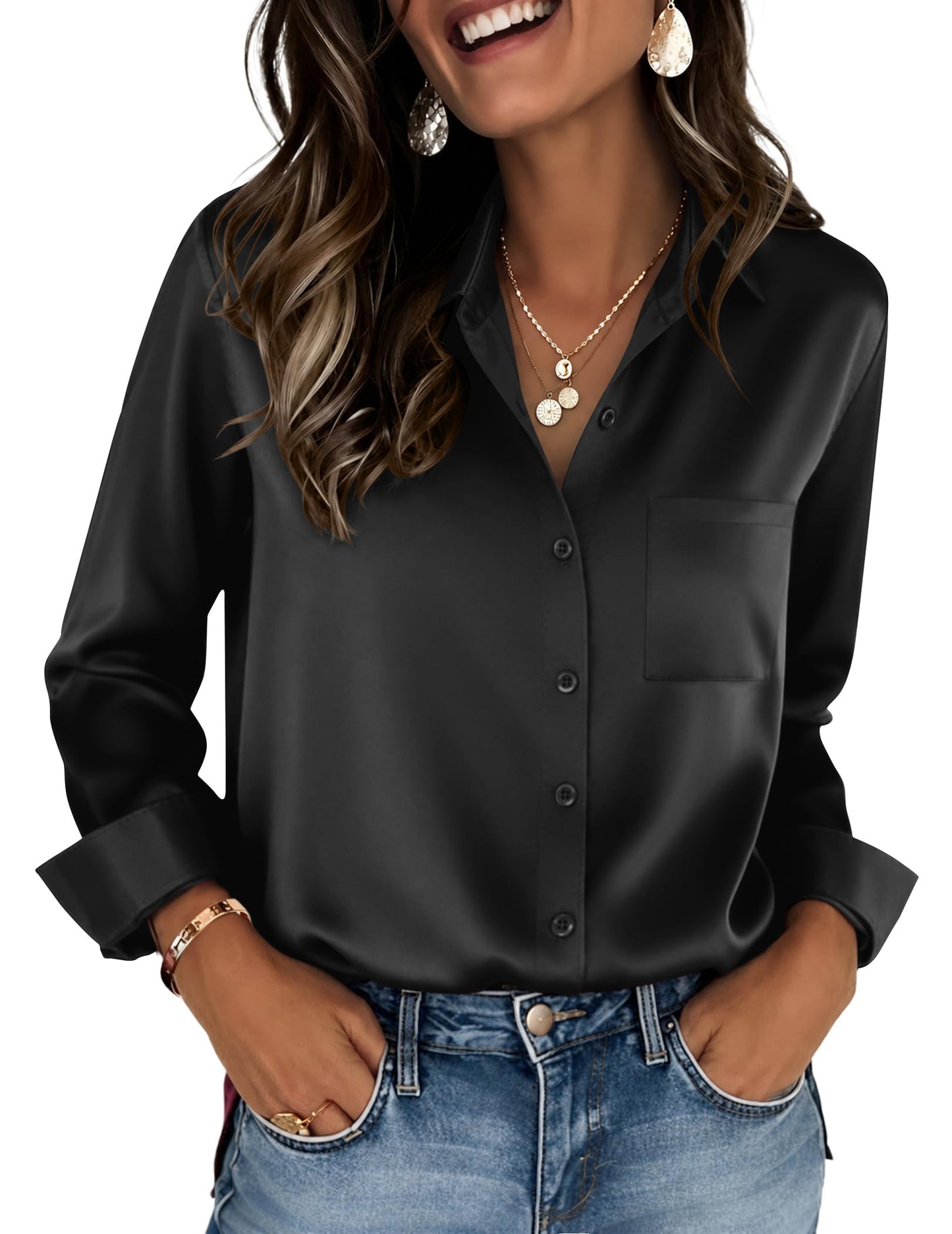 Zeagoo Womens Tops Satin Blouse Long Sleeve Shirts V Neck Dressy Casual | Button Down Business Outfits Fall Fashion With Pockets