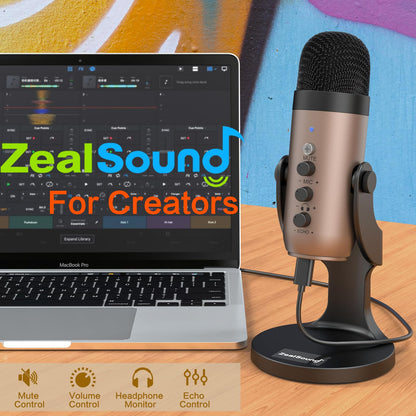 ZealSound Podcast Microphone for PC, Noise Cancellation USB Mic with Gain, Volume Adjustment & Mute Button, Monitoring & Echo, for YouTube, TikTok, Podcasting, Streaming, iPhone, iPad, Android, Mac