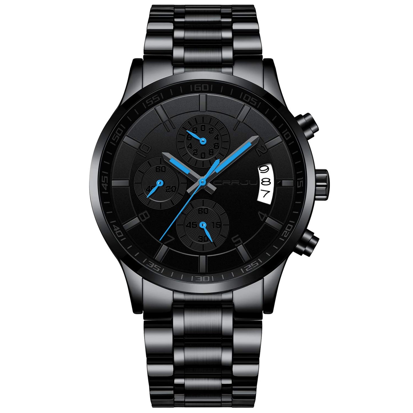 CRRJU Men's Fashion Stainless Steel Watches Date Waterproof Chronograph Wristwatches,Black Steel Band Waterproof Quartz Watch for Men