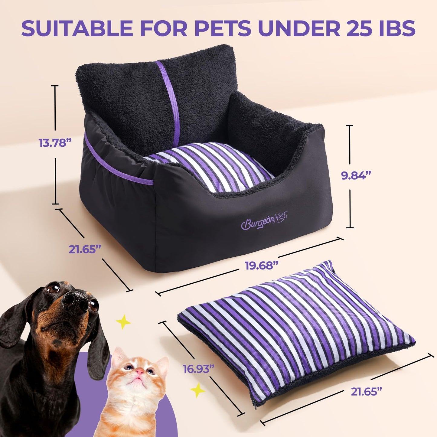 BurgeonNest Dog Car Seat for Small Dogs, Soft Pet Car Travel Home Bed Under 25 lbs, Fully Detachable and Washable Cat Booster Carseats with Storage Pockets and Clip-On Leash Portable Carrier,Black