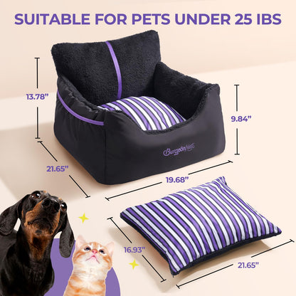 BurgeonNest Dog Car Seat for Small Dogs, Soft Pet Car Travel Home Bed Under 25 lbs, Fully Detachable and Washable Cat Booster Carseats with Storage Pockets and Clip-On Leash Portable Carrier,Black