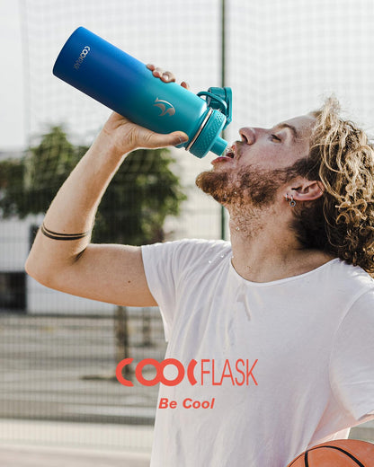 Half Gallon Water Bottle Insulated with Straw & 3 Lids, Coolflask 64 oz Water Jug Large Metal Stainless Steel Wide Mouth for Sports, Gym or Office, Non-BPA Keep Cold 48H Hot 24H, Samurai Cyan