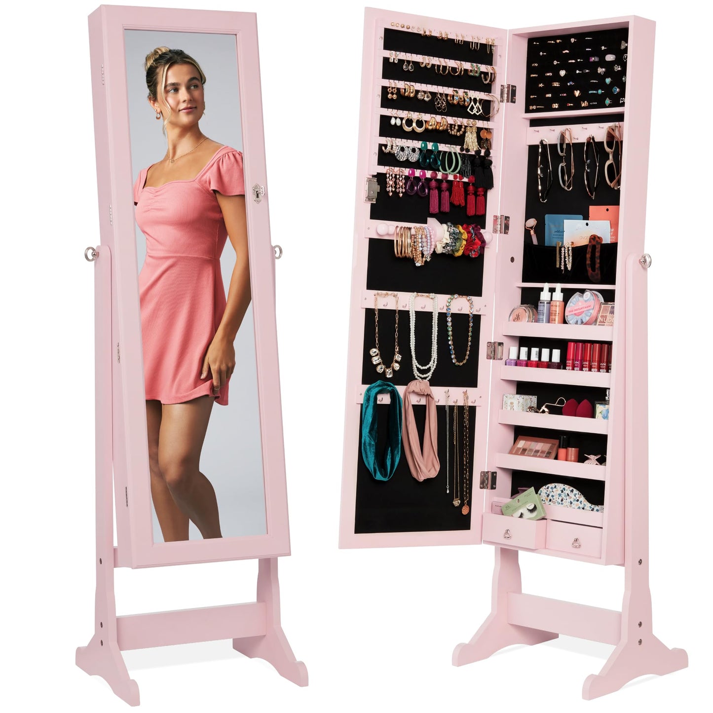 Best Choice Products Freestanding Jewelry Armoire Cabinet, Full Length Standing Mirror, Lockable Makeup Storage Organizer, w/Velvet Lining, 3 Angles, Lock, Accessory Pouch, 5 Shelves - White