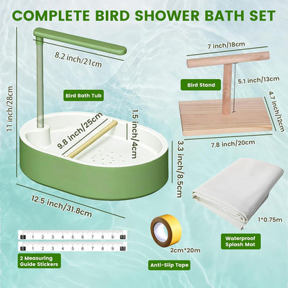 Bird Shower Bath Set for Budgies, Cockatiels & Small Parrots, Indoor Bird Bath Shower with Waterproof Splash Mat, Bird Perch Stand and Bath Accessories