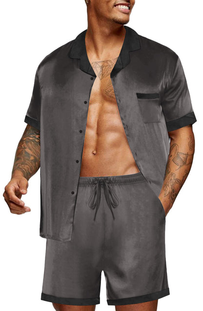 Ekouaer Men Satin Silk Pajamas Set with Pockets Sleepwear Shorts Satin Summer Loungewear 2 Piece Button Down Set S-3XL