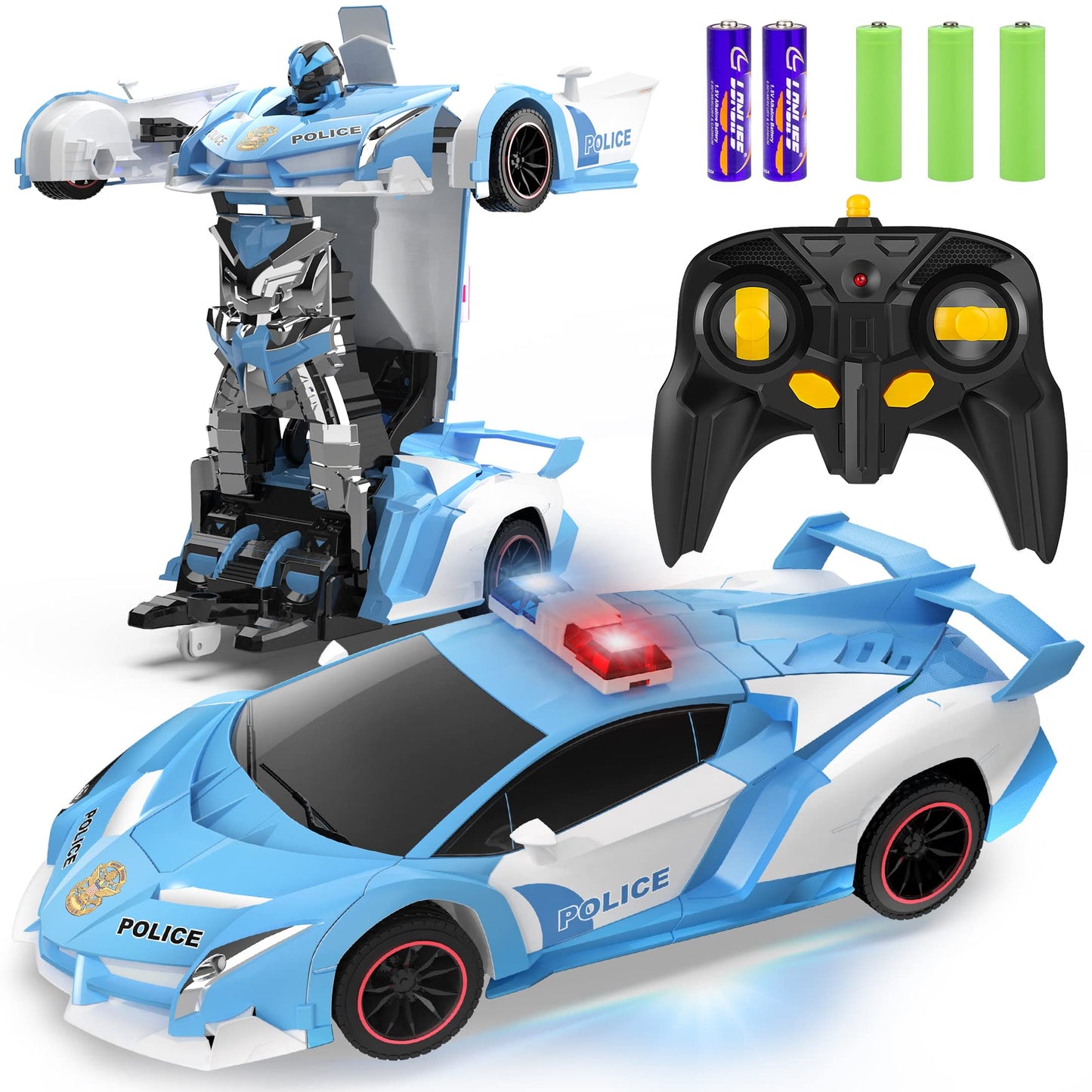 FDJ Remote Control Car - Transform Toys Car Robot, One Button Deformation to Robot with Flashing Light, 2.4Ghz 1:18 Scale Transforming Police Car Kids Toys with 360 Degree Rotating, Girls Boys Toys